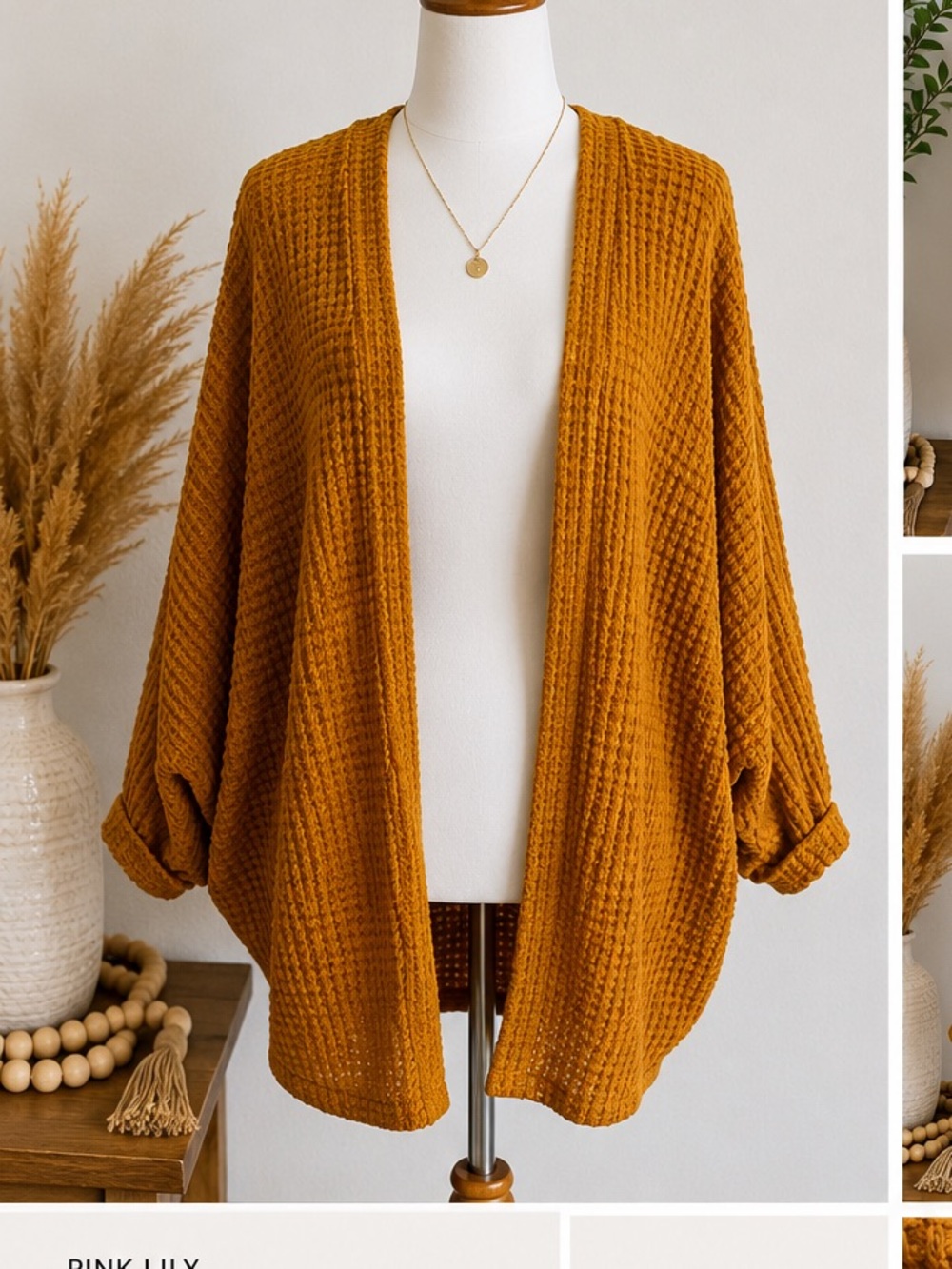 Pink Lily Mustard Orange Waffle Knit Cardigan Batwing Sleeve Oversized Boho Sz S